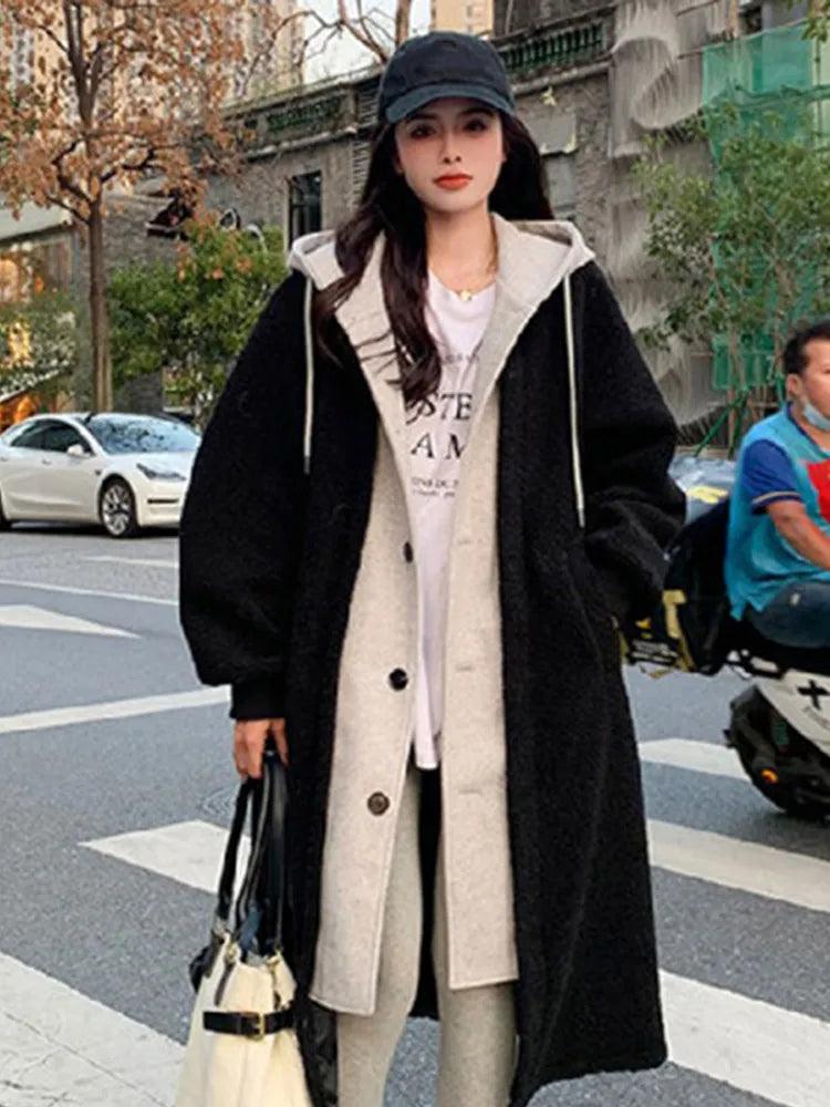 Adenbora Women's Casual Patchwork Long Coat with Hood and Pockets for Autumn/Winter Style - Comfortable and Stylish Outerwear - Adenbora