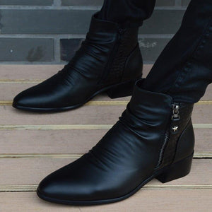 Mens Genuine Leather Punk Ankle Boots Pointed Toe Zipper